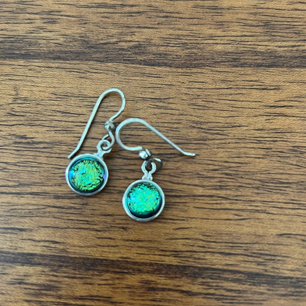 Handmade silver earrings with shiny green/blue drops
